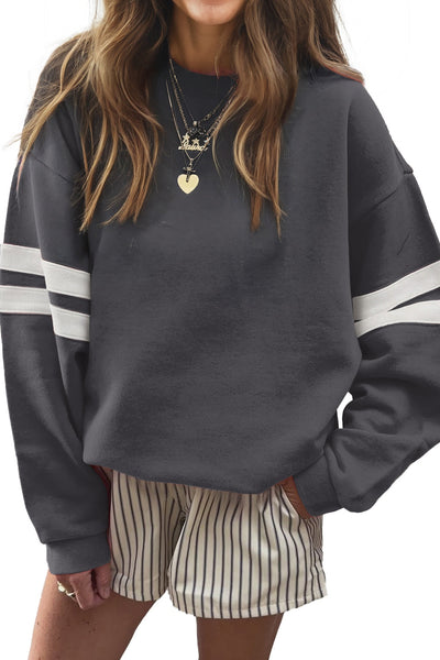 Navy Blue Preppy Striped Sleeve Loose Sweatshirt