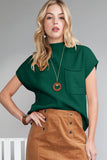 Green Pocket Ribbed Knit Short Sleeve Sweater- 9 Colors