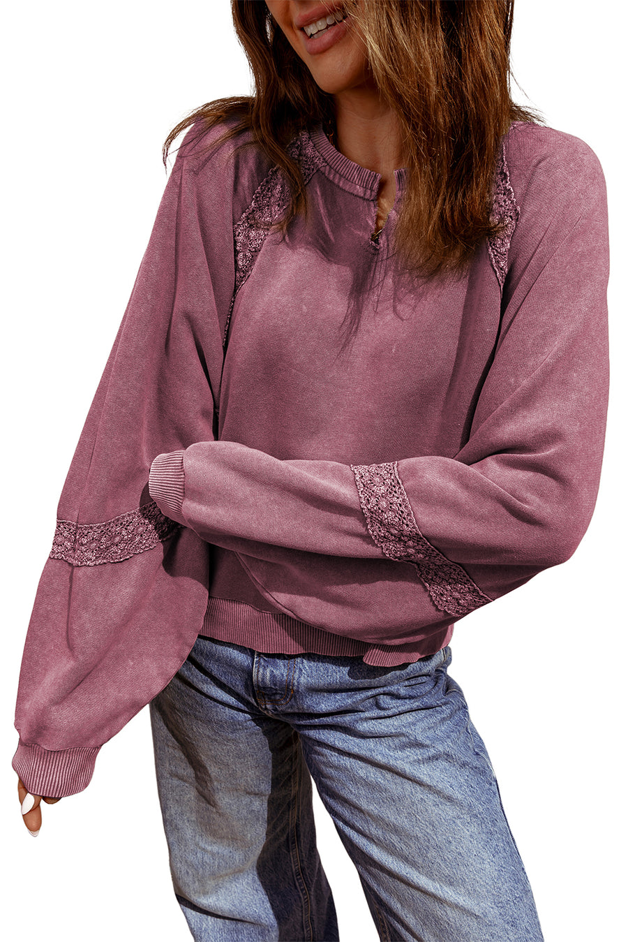 Lace Applique Notched Neck Mineral Wash Baggy Sweatshirt- 4 Colors