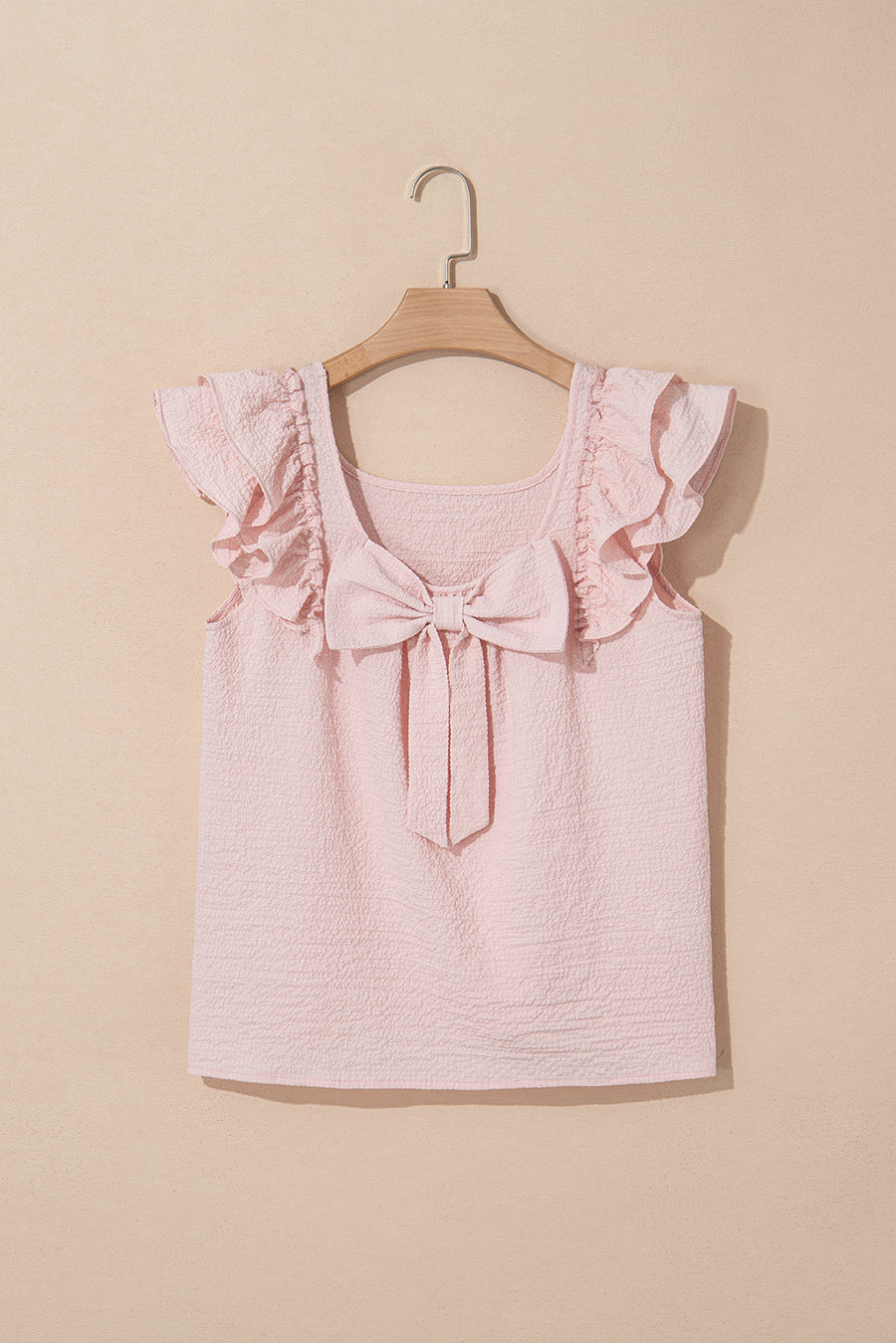 Textured Bow Frilled Ruffle Sleeve Blouse- Light Pink