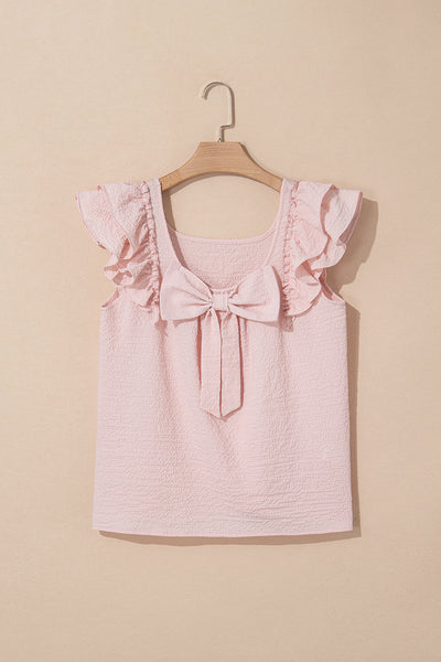 Pink Gossamer Textured Bow Frilled Ruffle Sleeve Blouse