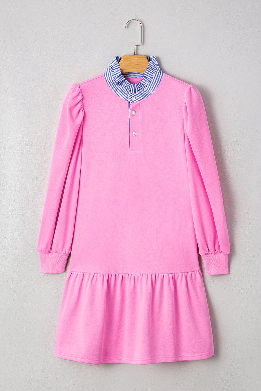 Striped Collar Long Sleeve Ruffle Hem Dress- 2 Colors