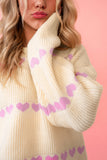 Cream & Pink Heart Stripe Ribbed Crew Neck Knit Sweater