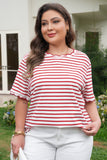 Plus Size Red Striped Scalloped Trim Crew Neck Short Sleeve T-Shirt
