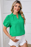 Bright Green Textured Puff Sleeve Frilled & Notched V-Neck Blouse