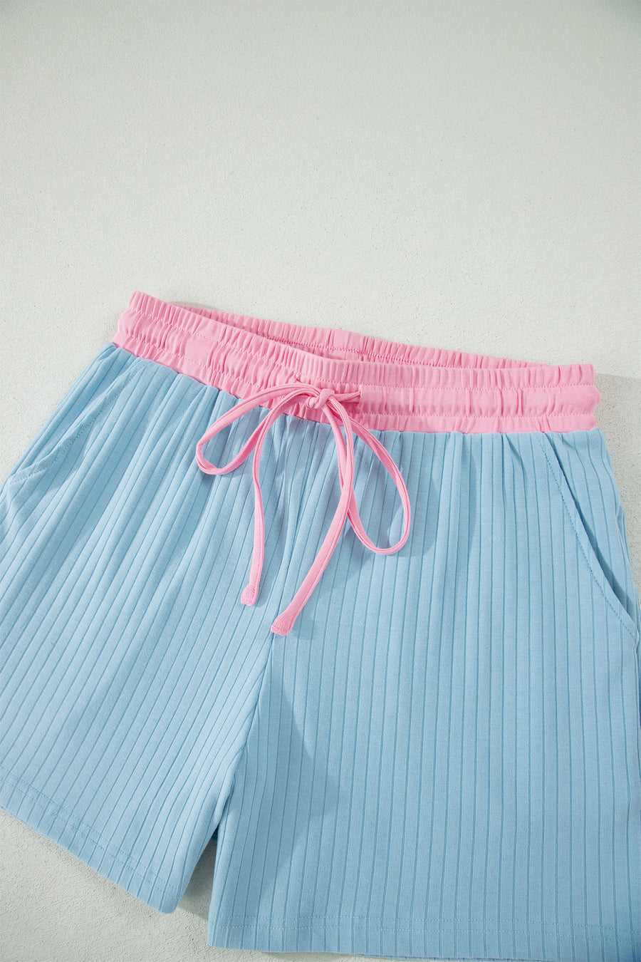 Yellow Cream Soft Ribbed Color Block Trim Casual Short Set