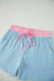 Yellow Cream Soft Ribbed Color Block Trim Casual Short Set