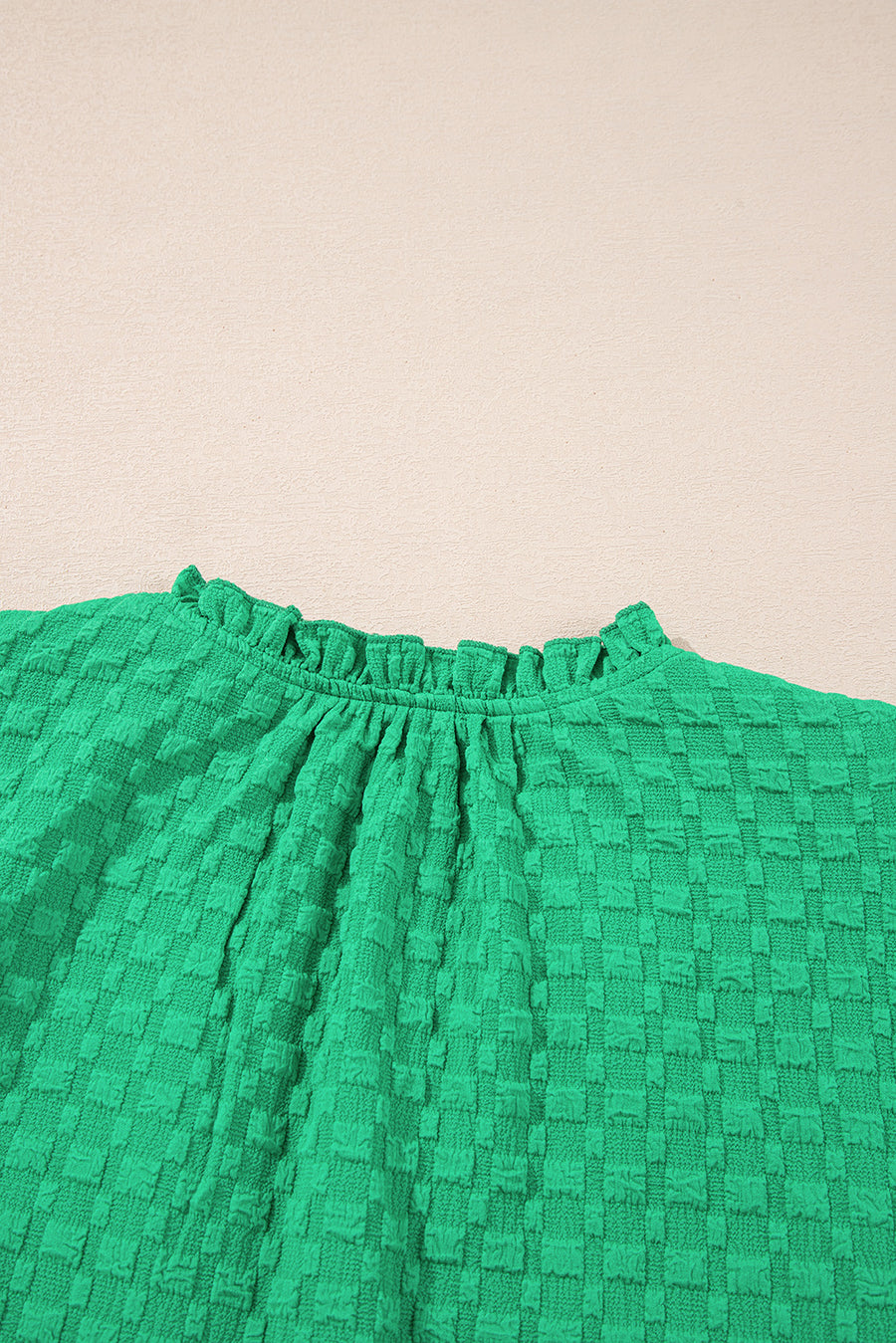 Bright Green Textured Puff Sleeve Frilled & Notched V-Neck Blouse