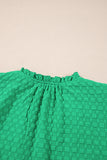 Bright Green Textured Puff Sleeve Frilled & Notched V-Neck Blouse
