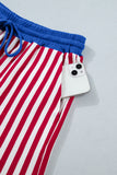 Striped Contrast Trim V-Neck T-Shirt and Drawstring Elastic Waist Shorts Set- 4 Colors