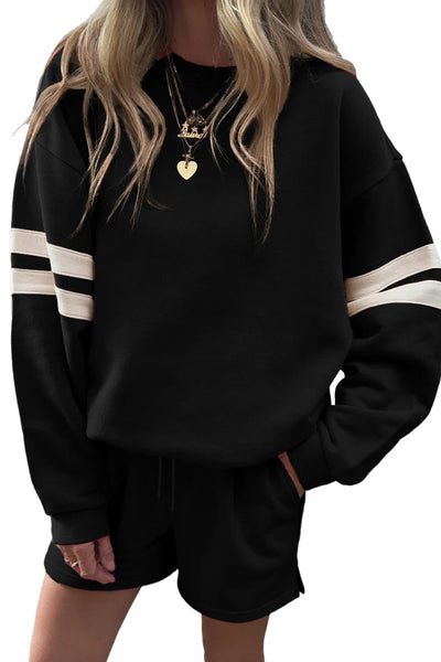 Varsity Striped Sleeve Drop Shoulder Sweatshirt and Shorts Set- 5 Colors