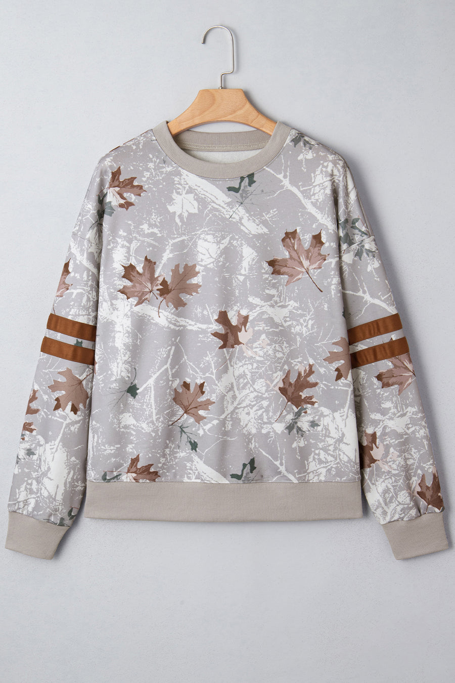 Gray Maple Leaf Camouflage Print Varsity Striped Sleeve Casual Sweatshirt
