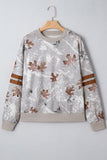 Gray Maple Leaf Camouflage Print Varsity Striped Sleeve Casual Sweatshirt