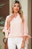 Pink Striped Pearl Beaded Bow Cuff Blouse