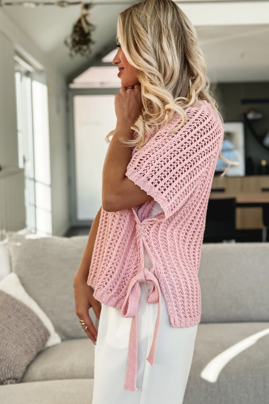 Side Tie Crochet Knit Short Sleeve Sweater- 2 Colors