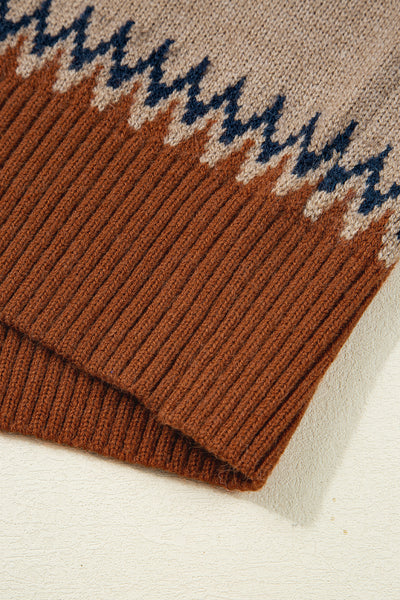 Khaki Geometric Print Colorblock Crew Neck Sweater