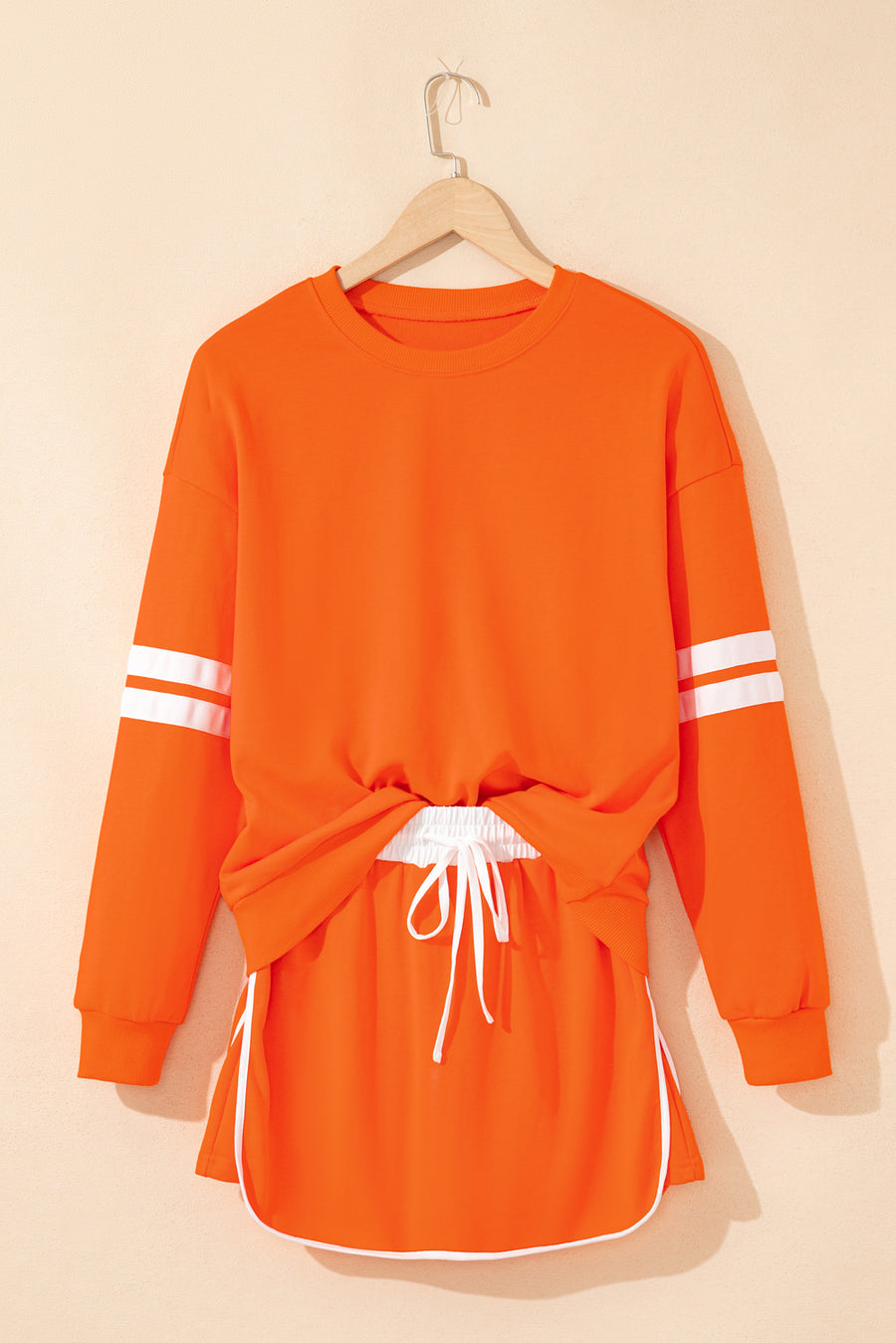 Varsity Striped Drop Shoulder Pullover Sweatshirt & Mini Skort Set- 6 Colors