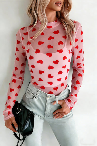 Heart Printed Sheer Mesh Long Sleeve Top- 2 Colors