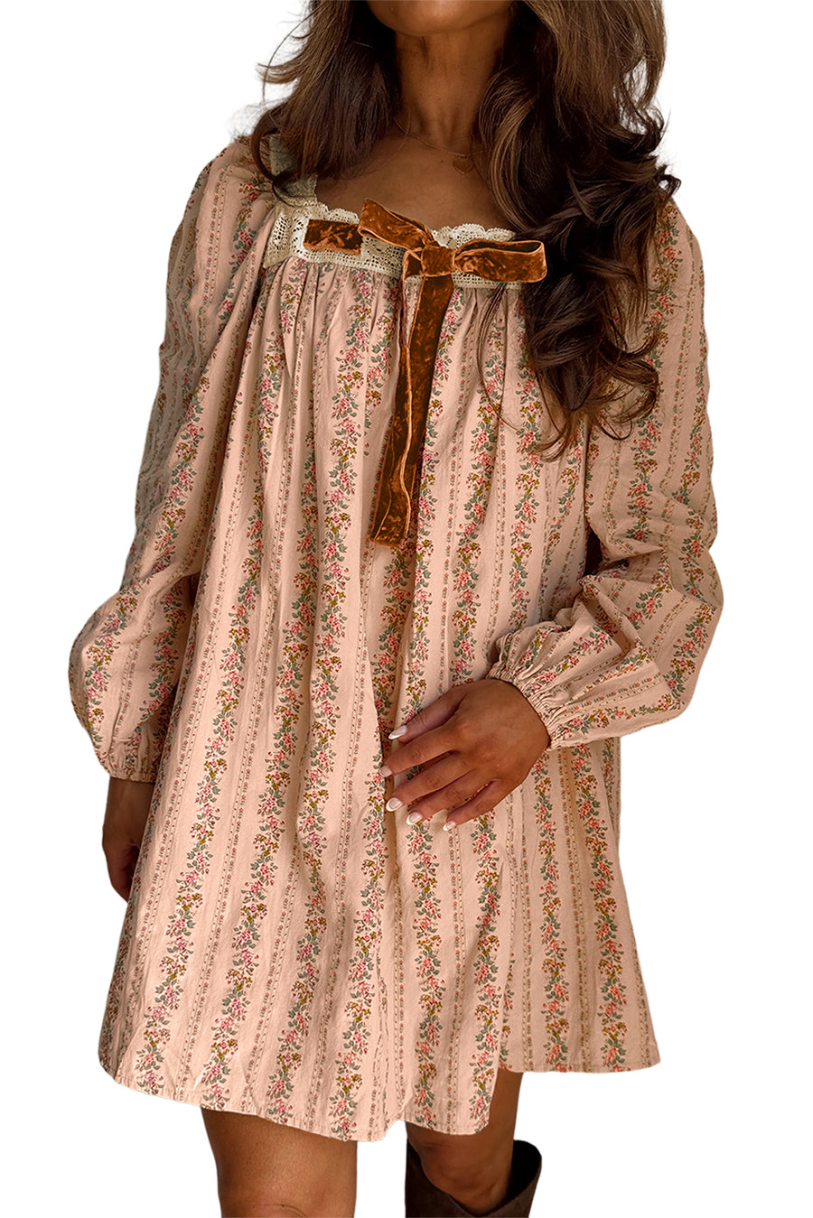 Khaki Velvet Bow Front Floral Print Long Sleeve Mini Dress