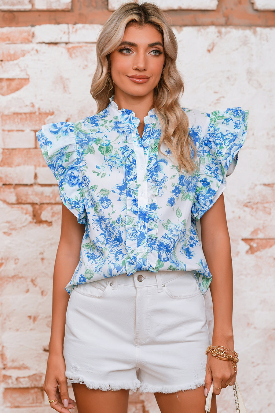 Floral Ruffle Sleeve Frilly Button-Up Blouse- 2 Colors