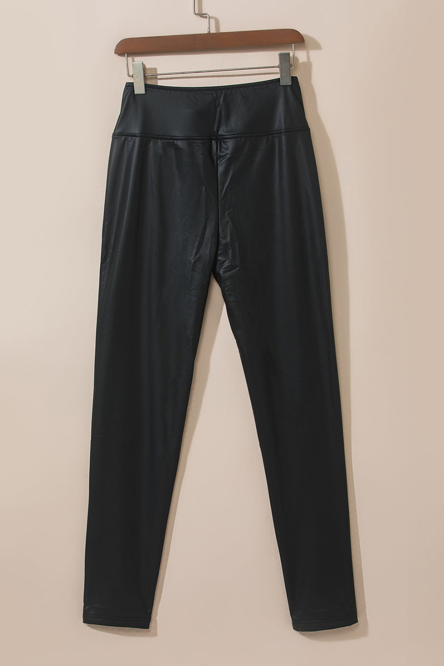 Black Piping Trim Sleek Faux Leather High Waist Leggings