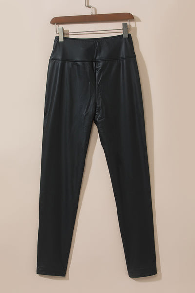 Black Piping Trim Sleek Faux Leather High Waist Leggings