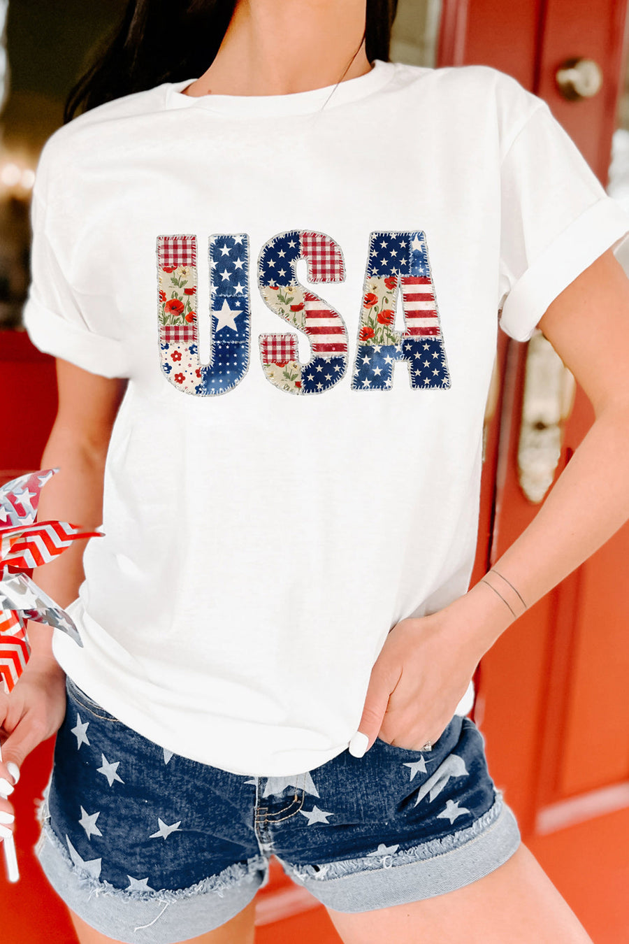 White Faux Patchwork USA Graphic T-Shirt