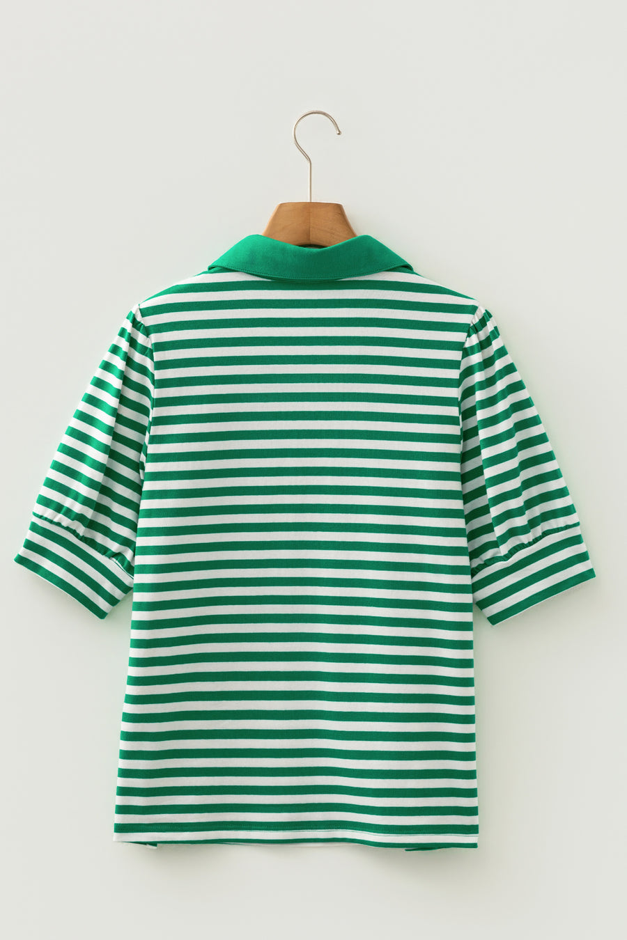 Green Striped Collared V-Neck Short Puff Sleeve Top