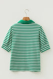 Green Striped Collared V-Neck Short Puff Sleeve Top
