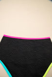 Black Floral Textured Neon Trim V-Neck Criss-Cross Tankini