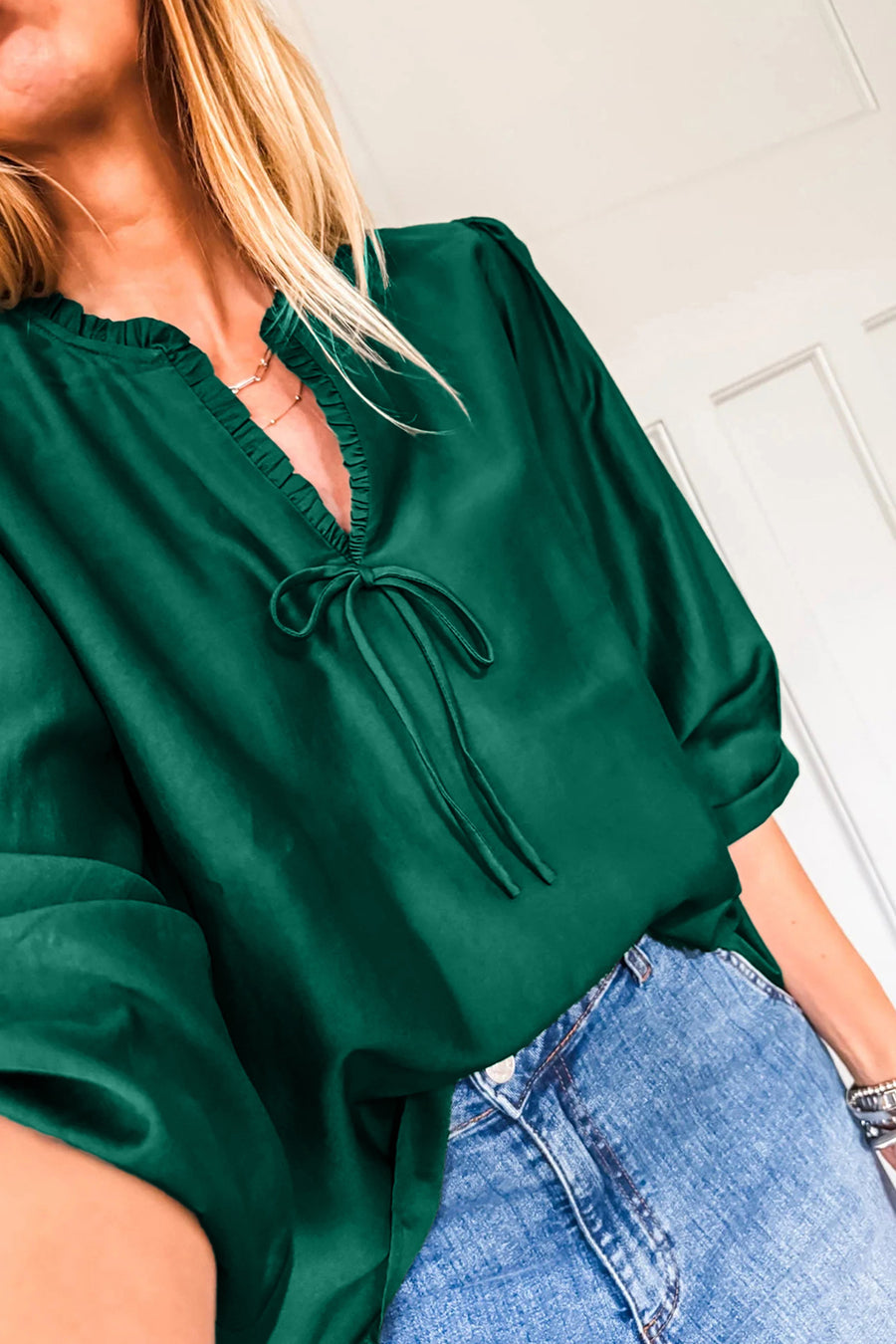 Frilled V-Neck Bow Detail 3/4 Sleeve Blouse- 2 Colors