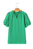 Bright Green Textured Puff Sleeve Frilled & Notched V-Neck Blouse