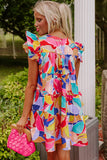 Abstract Print Flutter Sleeve Tiered Mini Dress