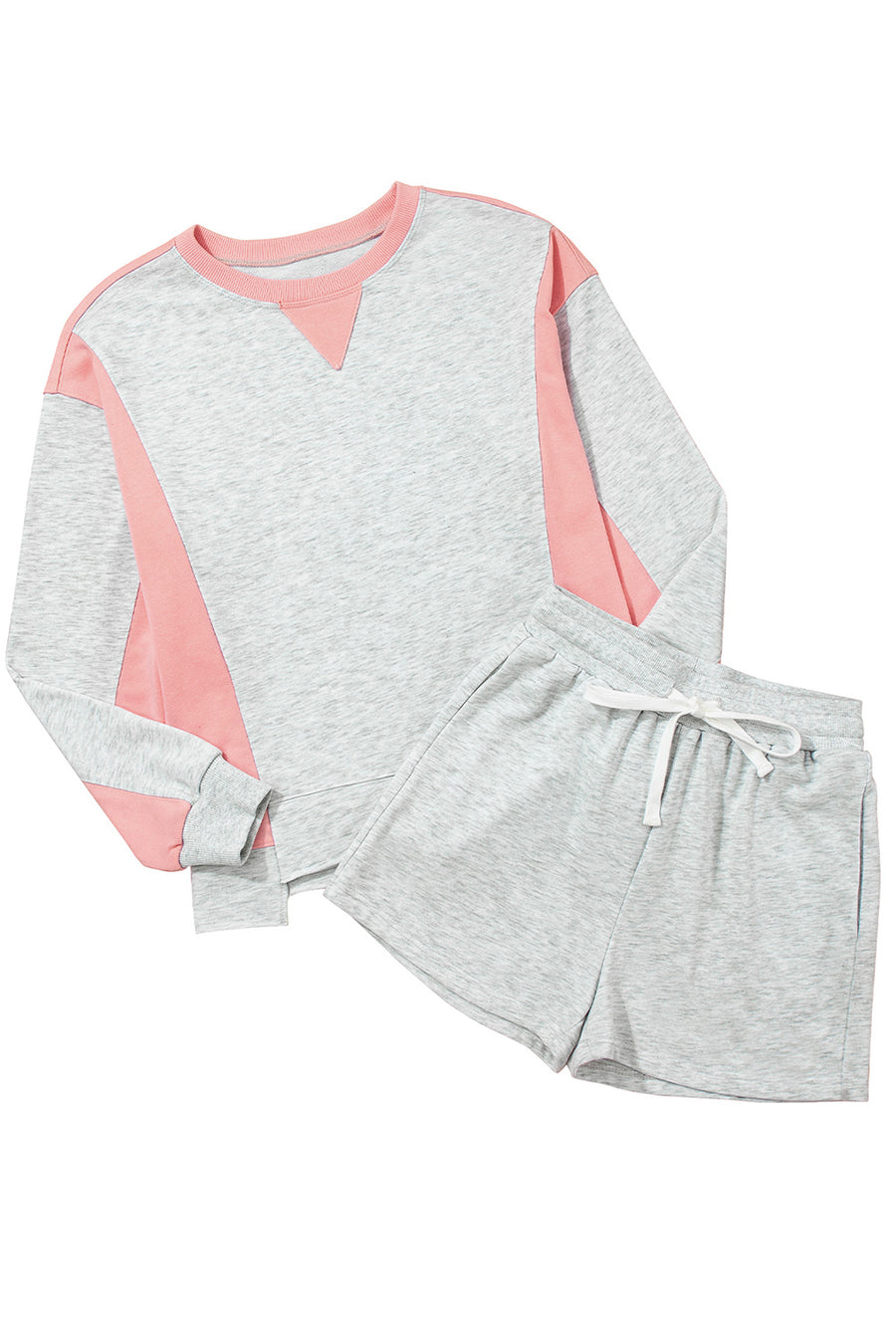 Light Grey & Pink Color Block Raw Hem Pullover Sweatshirt and Shorts Set