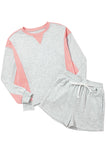 Light Grey & Pink Color Block Raw Hem Pullover Sweatshirt and Shorts Set