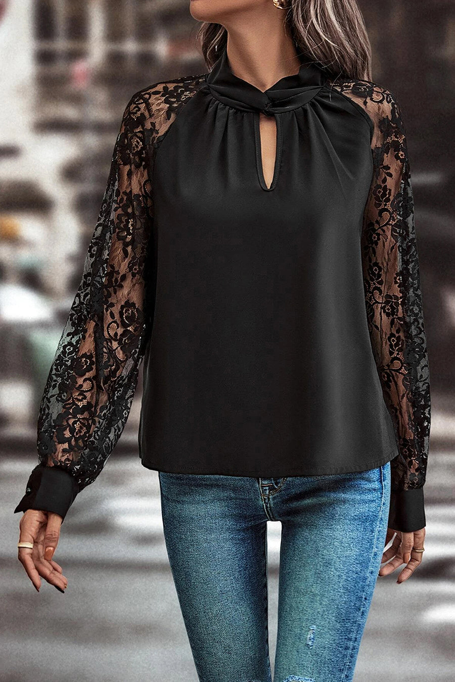 Black Keyhole Lace Splicing Raglan Sleeve Blouse