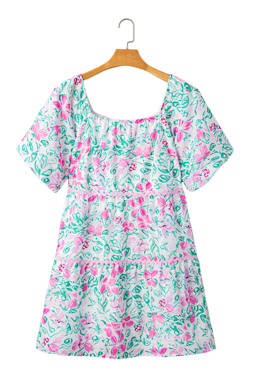 Plus Size White Floral Print Ricrac Trim Square Neck Mini Dress