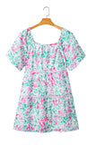 Plus Size White Floral Print Ricrac Trim Square Neck Mini Dress