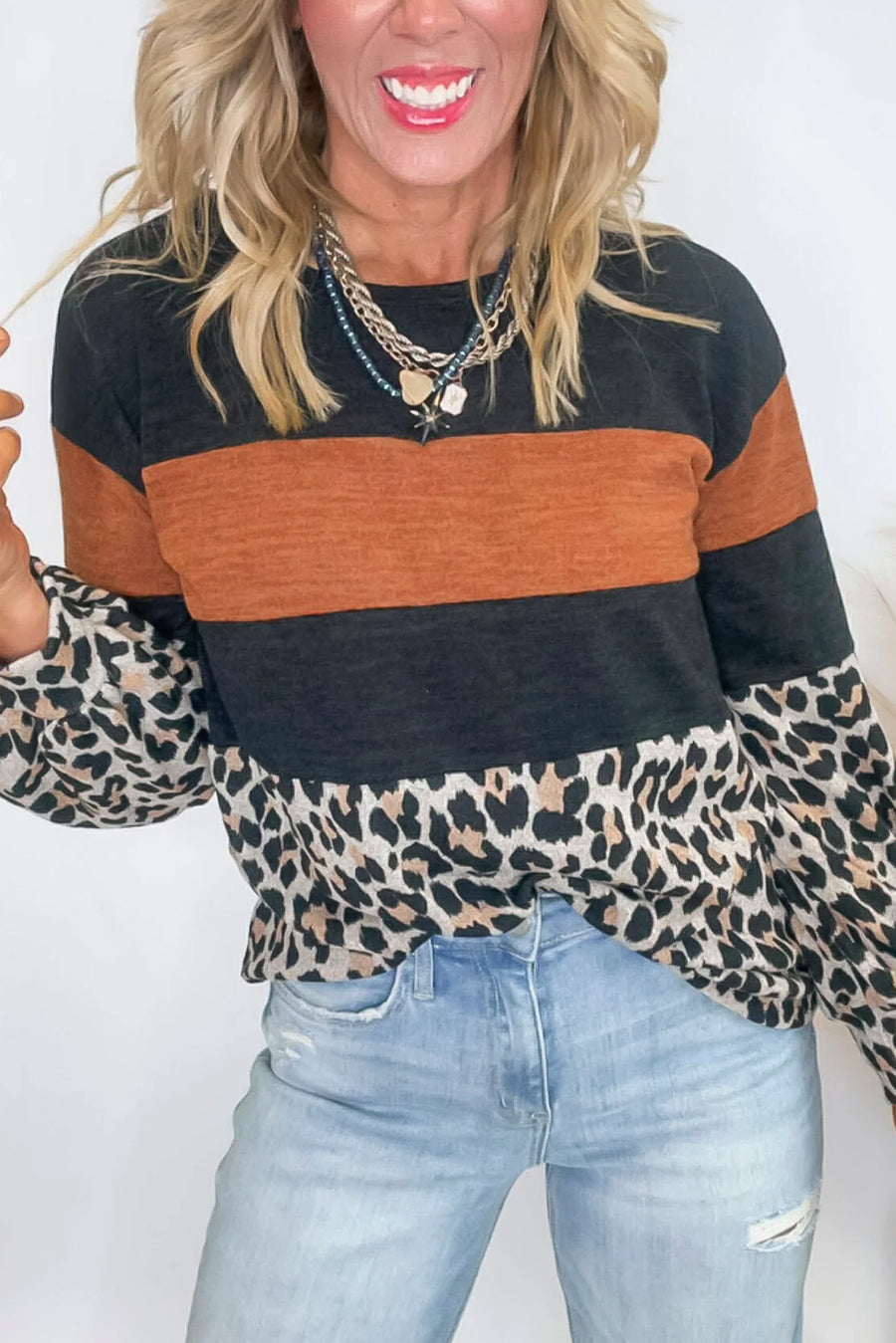 Black Leopard Color Block Crew Neck Sweater