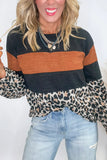 Black Leopard Color Block Crew Neck Sweater
