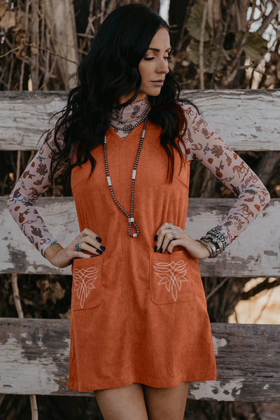 Gold Flame Corduroy Embroidered Patch Pocket Sleeveless Mini Dress