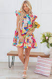 Abstract Print Flutter Sleeve Tiered Mini Dress