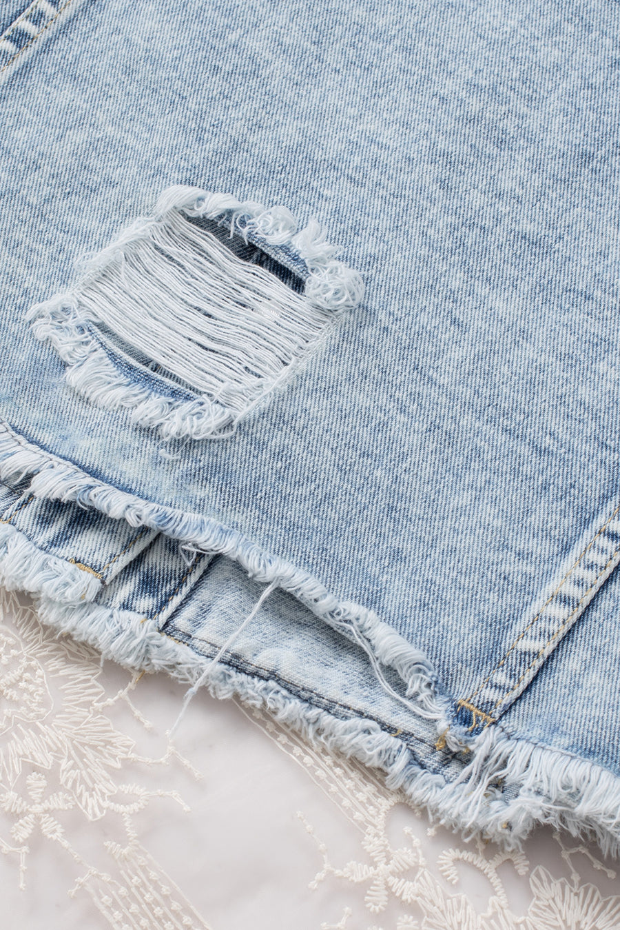 Light Blue Distressed Ripped Raw Hem Denim Jacket