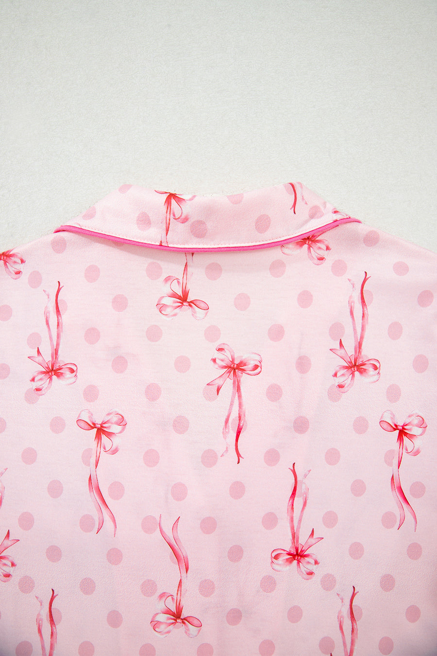 Bow Print Button-Up V-Neck Short Sleeve Top and Ruffle Hem Shorts Pajama Set- 2 Styles