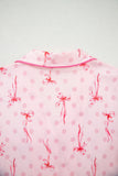 Bow Print Button-Up V-Neck Short Sleeve Top and Ruffle Hem Shorts Pajama Set- 2 Styles
