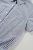 Railroad Striped Chest Pockets Button-Up Belted High-Waist Romper