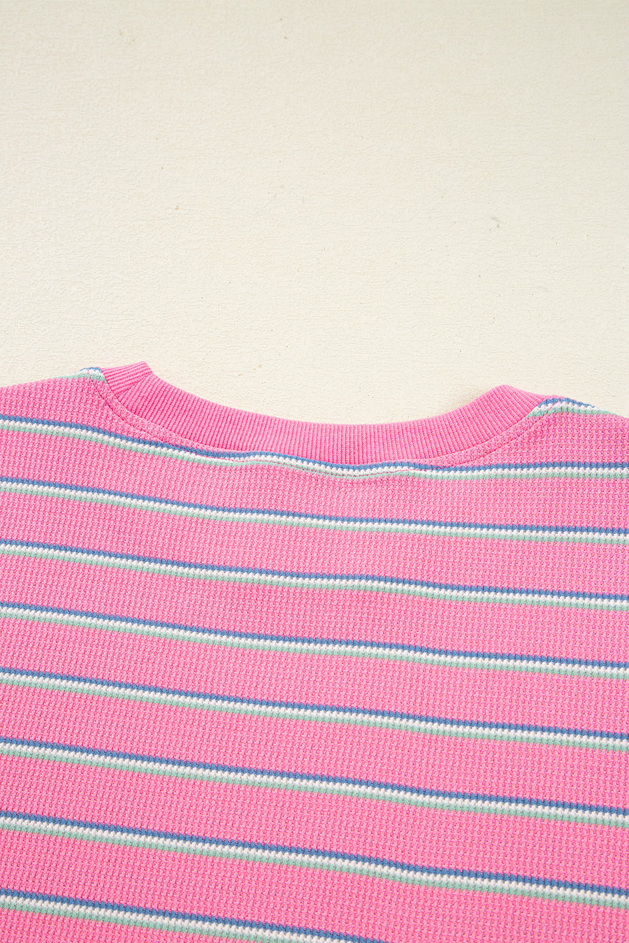 Pink Striped Textured Knit Puff Sleeve Crew Neck Top