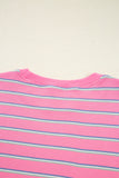 Pink Striped Textured Knit Puff Sleeve Crew Neck Top