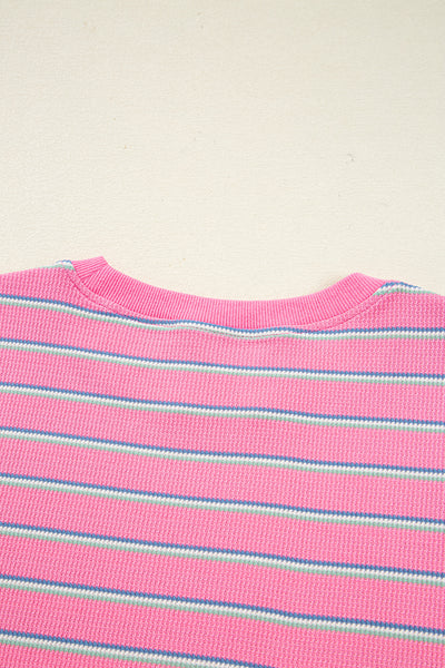 Pink Striped Textured Knit Puff Sleeve Crew Neck Top