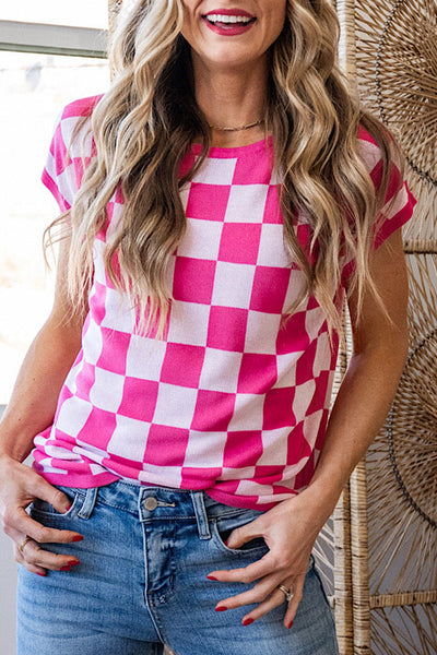 Fuchsia Checkered Pattern Cap Sleeve Knit Top